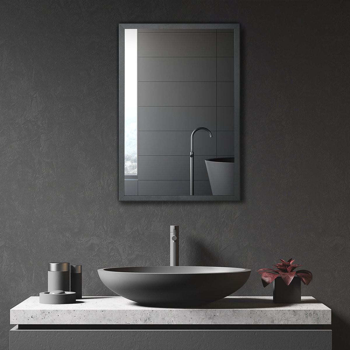 Stone basin and black-framed mirror on a dark bathroom wall