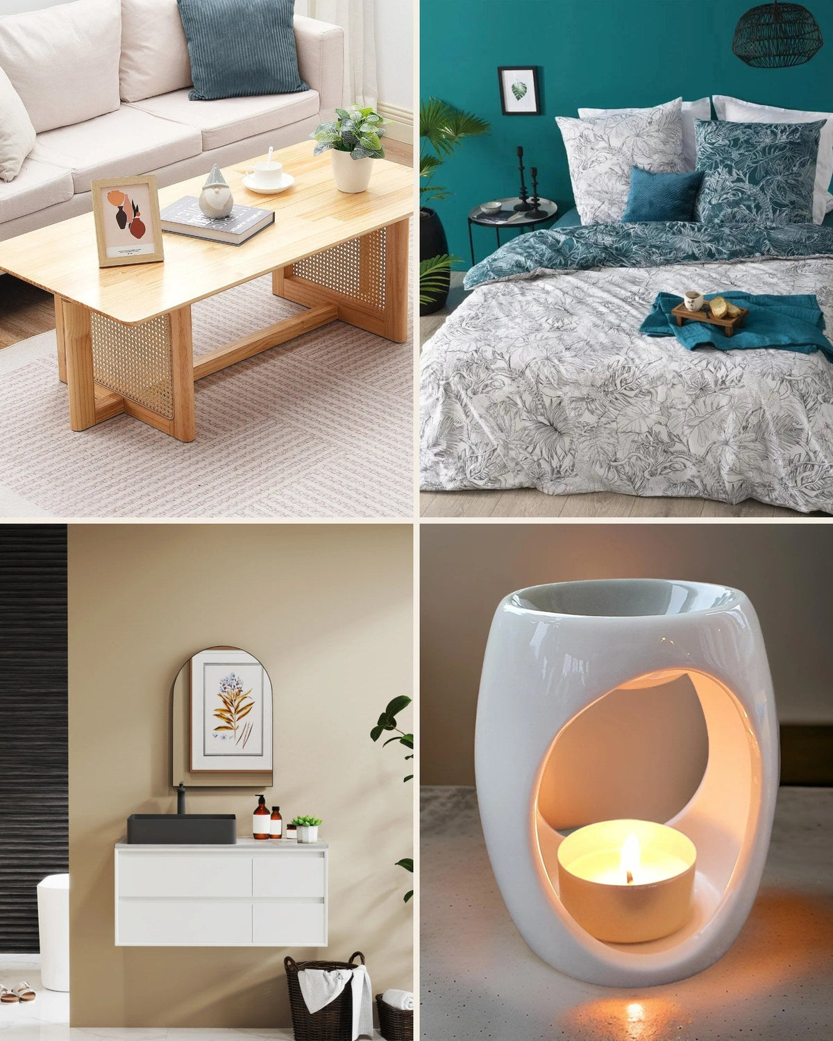 Everyday home: rattan coffee table, teal bedding, bathroom mirror and wax melt burner