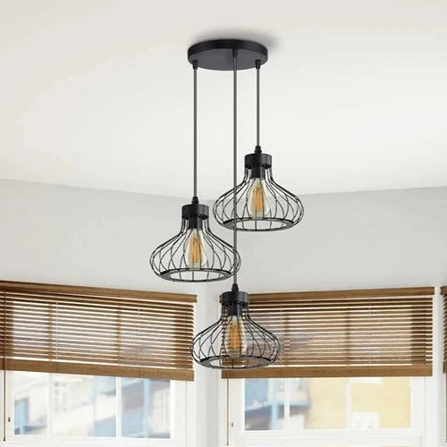 3-Light Black Cage Pendant Light