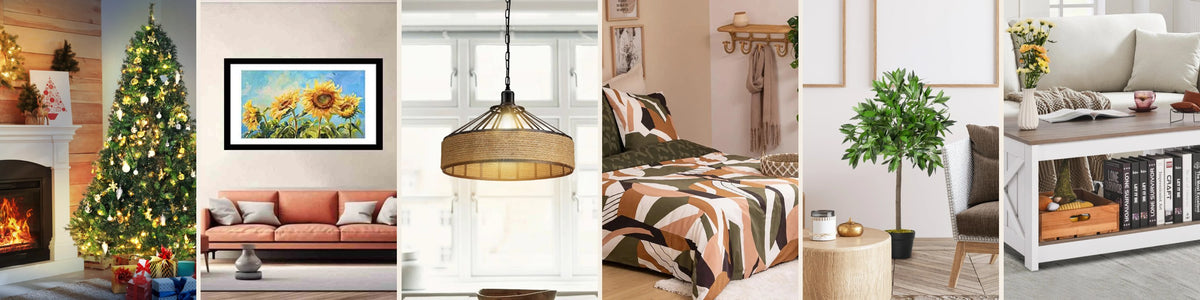 Perenna collections: Christmas tree, framed wall art, pendant lighting, bedding, topiary trees and furniture