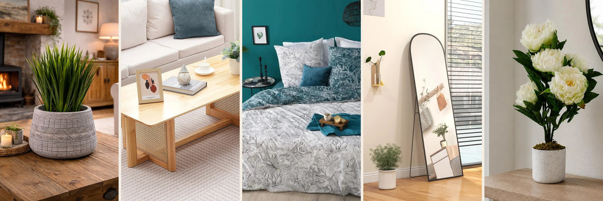 Everyday home: planter by the fire, rattan coffee table, teal bedding, arched floor mirror and peony plant