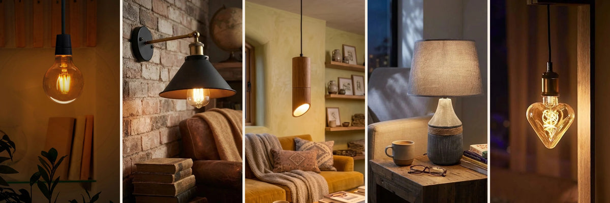 Warm lighting collection: edison bulb, black wall light, wooden pendants, table lamp and heart filament bulb