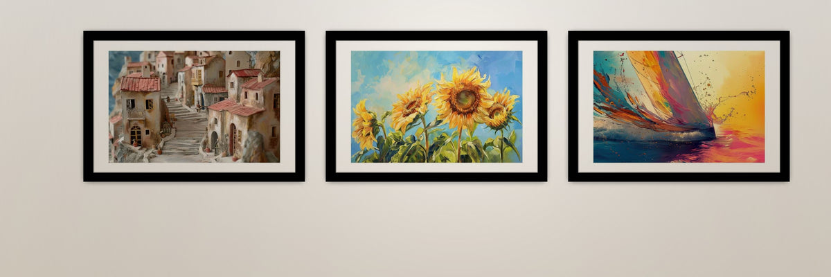 Gallery wall of three framed art prints: Greek village, sunflowers and sailboat