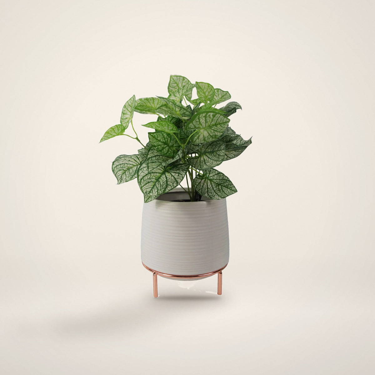 White ceramic planter with metal stand